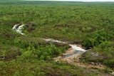 An aerial shot of a waterfall surrounded by green bush land.