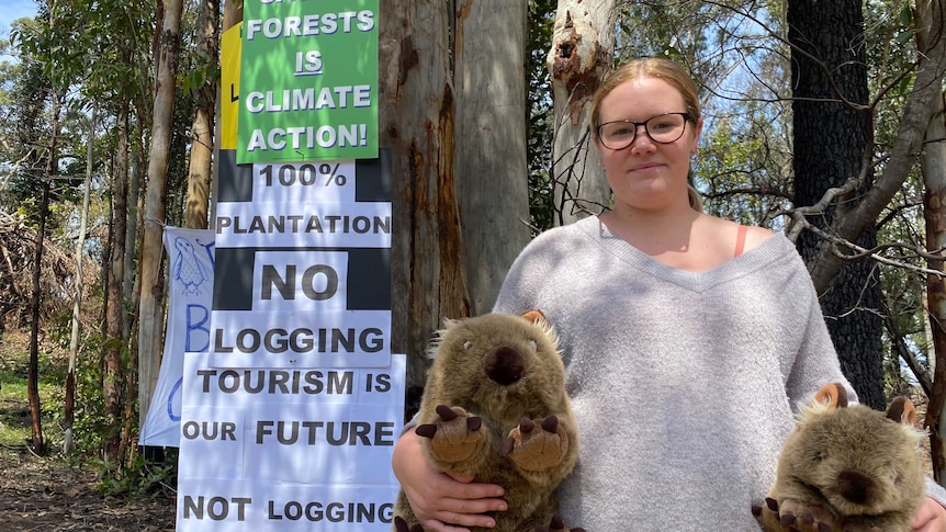 South Brooman Forest resident Takesa Frank at the Brooman Campout with anti-logging signs.