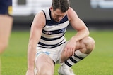 Patrick Dangerfield is on his haunches, looking down towards the turf