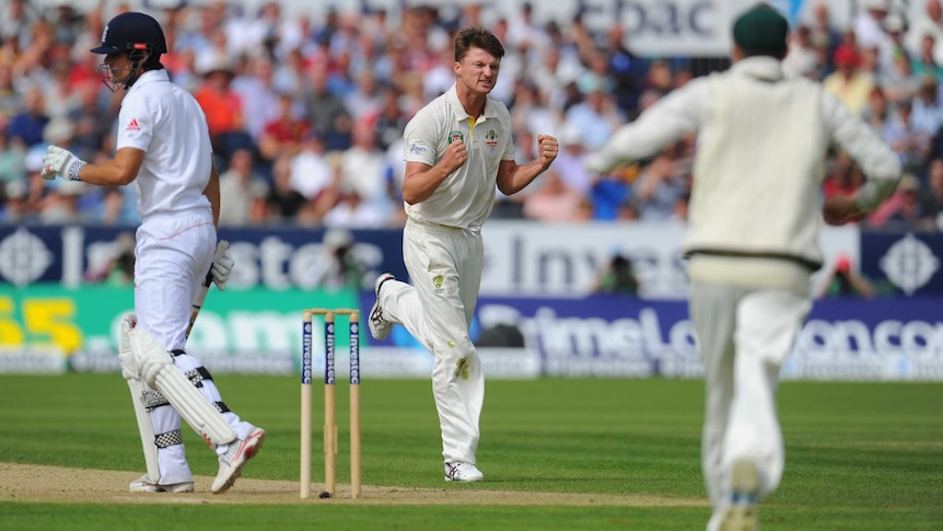 Jackson Bird celebrates the wicket of Alastair Cook on day one of the fourth Ashes Test at Chester-le-Street in Durham.