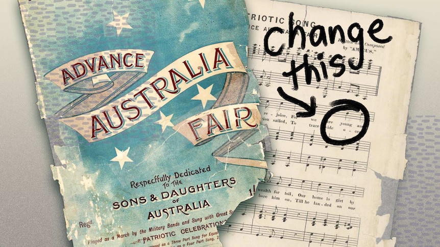 Original front cover of Advance Australia Fair music sheet. First page has 'young' circled and a note saying 'Change this'.