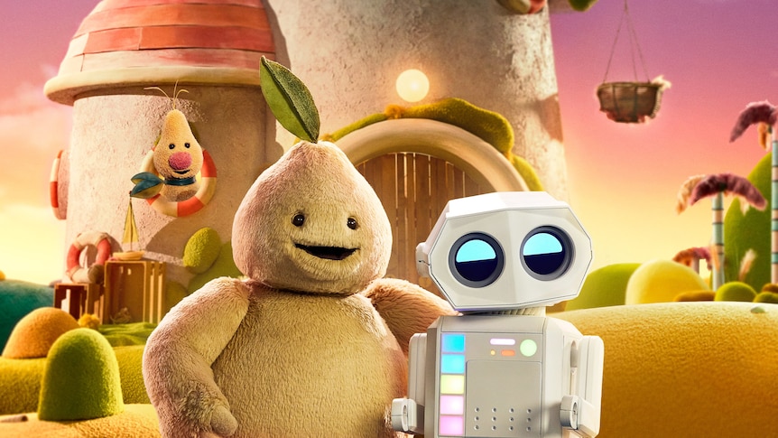 Still from ABC Kids show Beep and Mort with a fuzzy creature smiling at the camera next to a white robot.