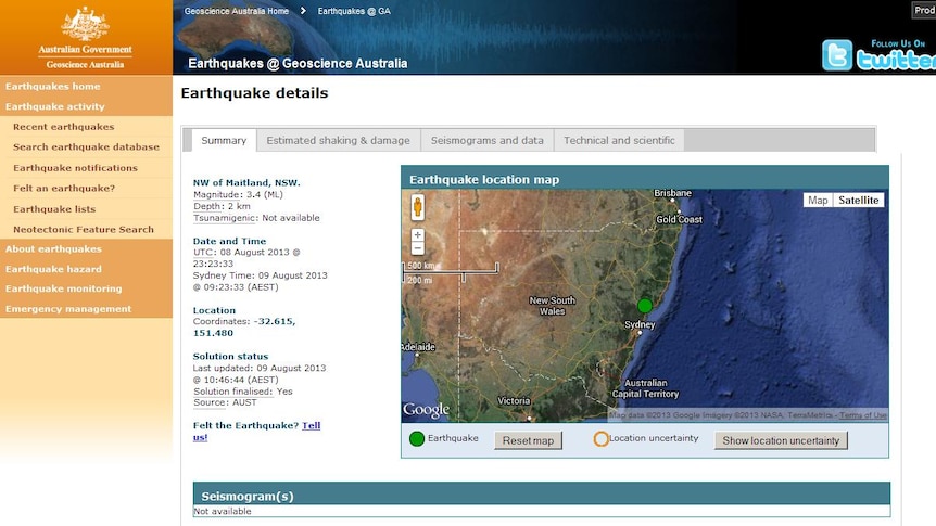 Geoscience Australia recorded a 3.4 magnitude earthquake at Branxton at 9:23am (AEST).