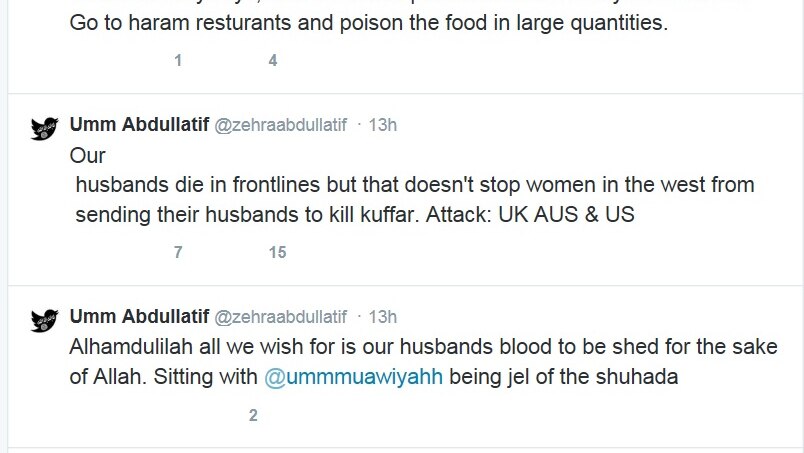 A series of tweets from an Islamic State supporter, calling for the deaths of non-Muslims