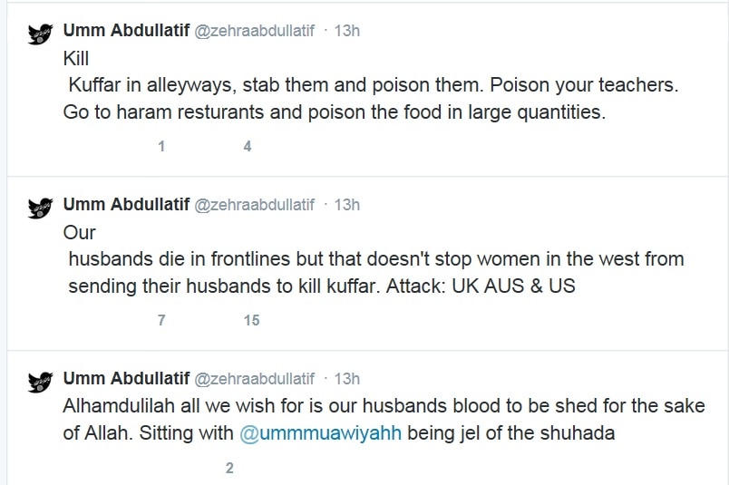 A series of tweets from an Islamic State supporter, calling for the deaths of non-Muslims