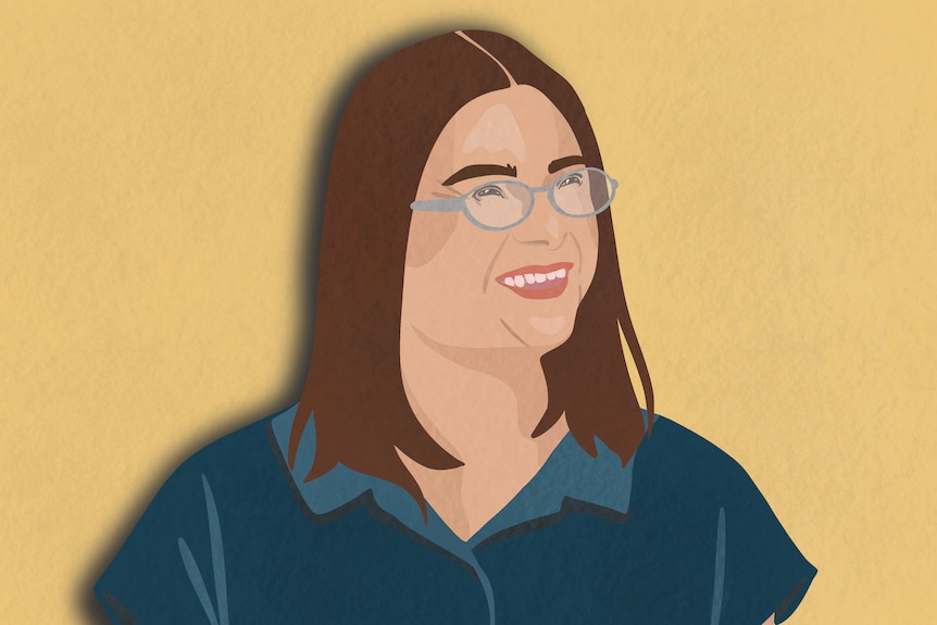 An illustration of a white woman with Down syndrome, smiling. She has brown shoulder-length hair and wears glasses.