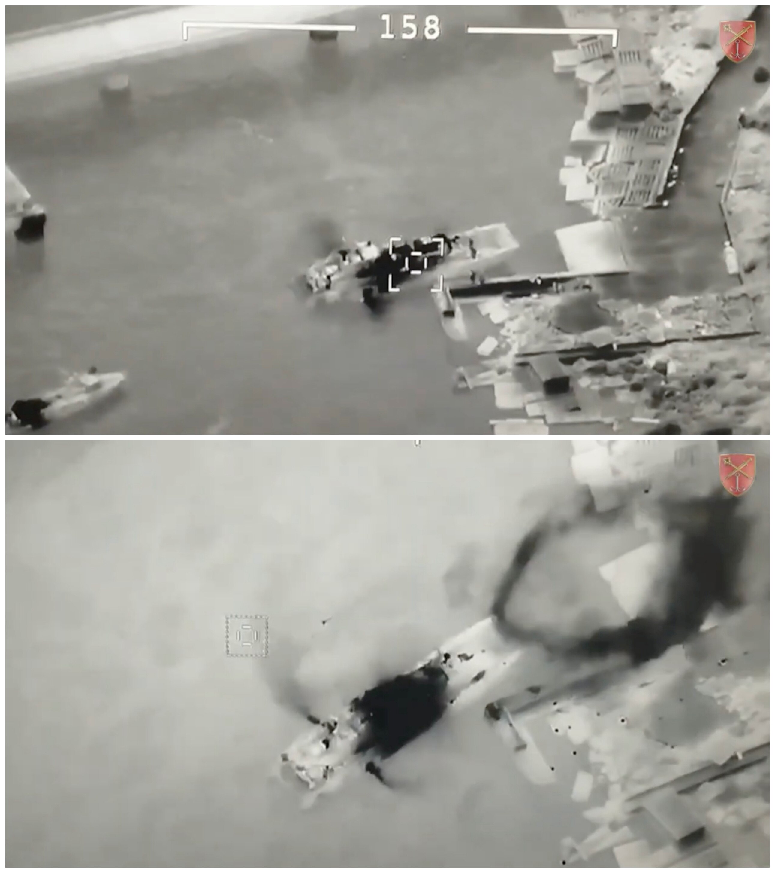 Two black and white satellite images showing the before and after of an explosion