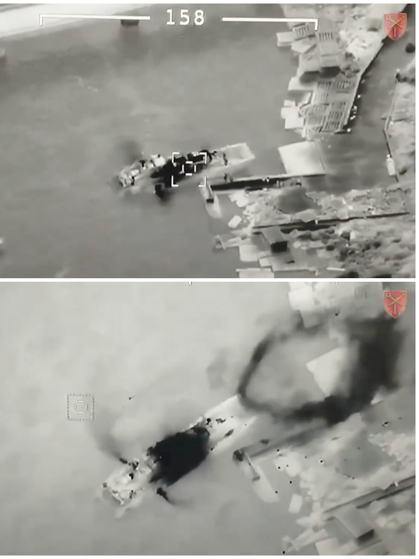 Two black and white satellite images showing the before and after of an explosion