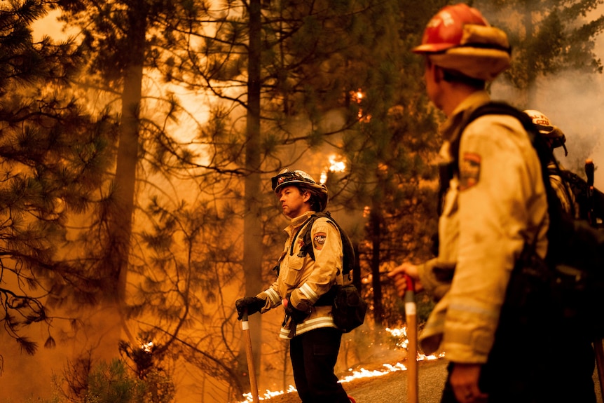 Firefighter monitoring large flames 