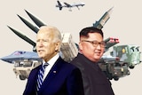 Collage of Biden and Kim with missiles in the background.