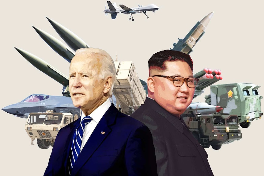 Collage of Biden and Kim with missiles in the background.