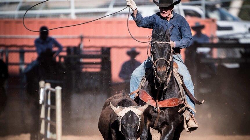 An old cowboy competes in the calf roping event.