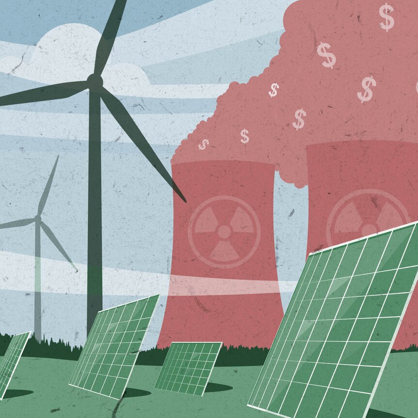 A graphic showing nuclear chimneys blowing dollars behind renewable energy sources such as wind and solar