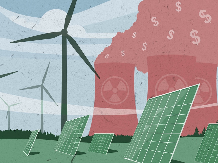 A graphic showing nuclear chimneys blowing dollars behind renewable energy sources such as wind and solar