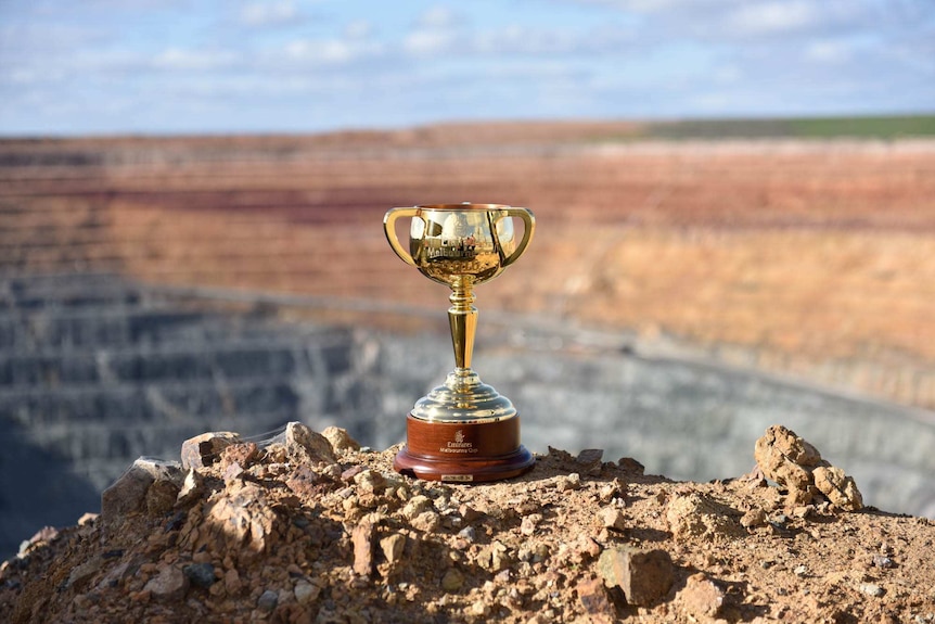 The Melbourne Cup on a rock ledge with a blurred mine in the background