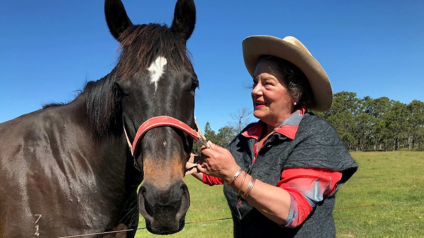 Woman adjusts the red bridle on her dark brown horse in a grass field.