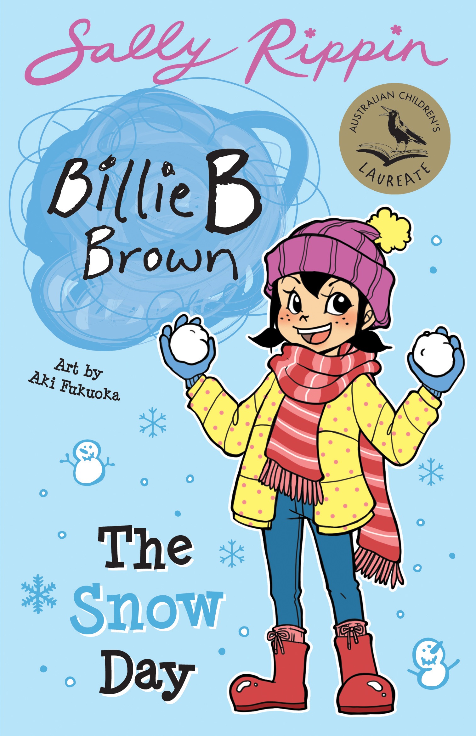 A children's book cover showing an illustration of a young girl with dark hair wearing winter gear and holding two snowballs