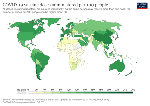 A visualisation showing COVID vaccination doses, per capita.