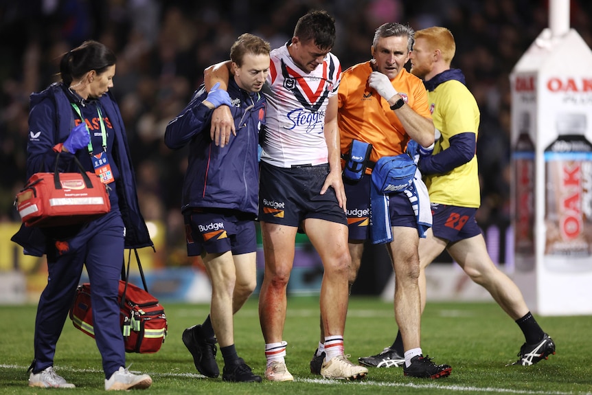 A Roosters NRL player limps from the field with his arm around a trainer during a game.