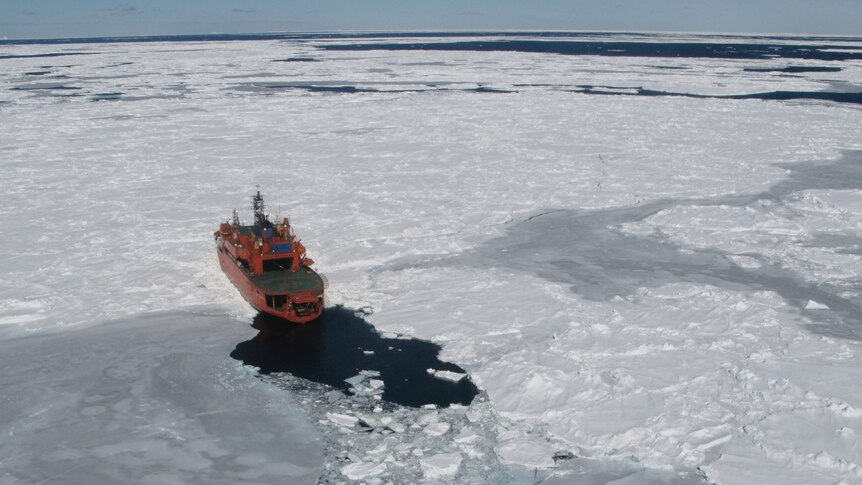 Icebreaker ship moving through Antarctic sea ice.