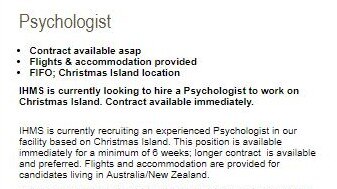 An online job ad for a psychologist job on Christmas Island with an immediate start and flights and accommodation provided