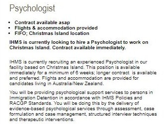 An online job ad for a psychologist job on Christmas Island with an immediate start and flights and accommodation provided