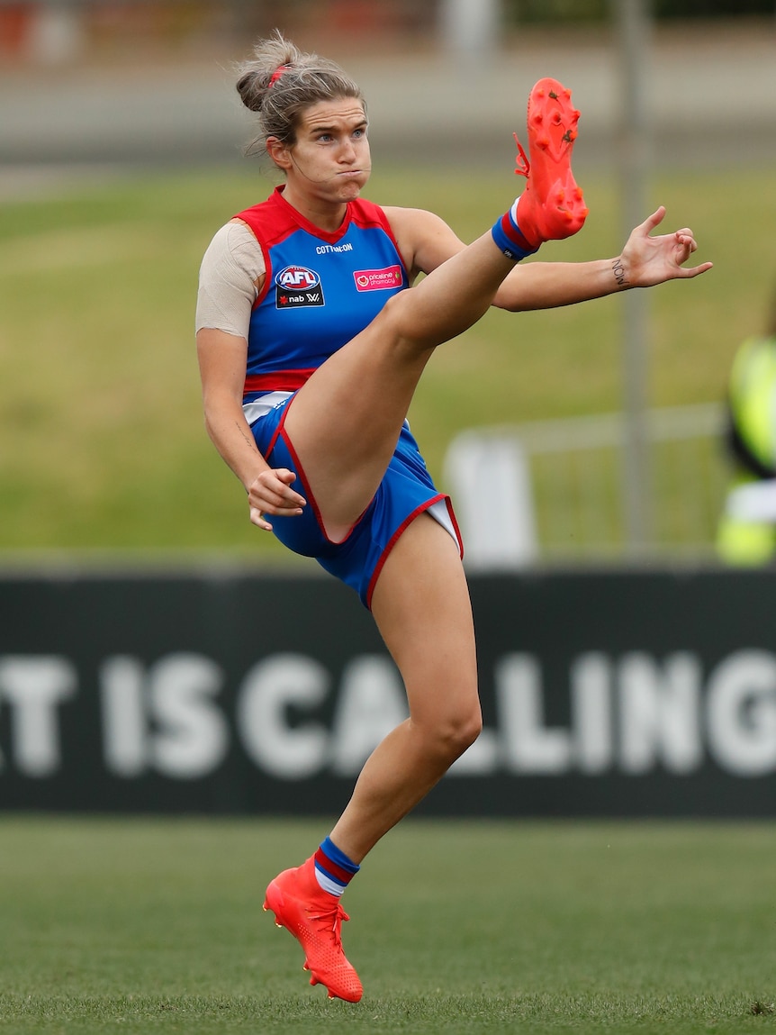 Portrait shot of Kirsten McLeod's goal kicking action