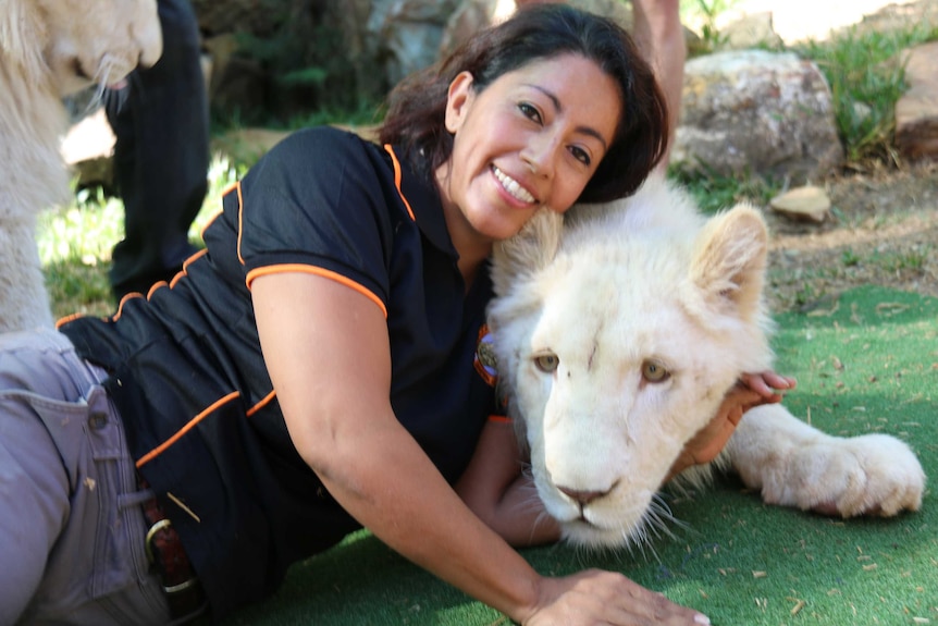 Crocodylus Park's Giovanna Webb meets white lion cubs Zouri and Aralie