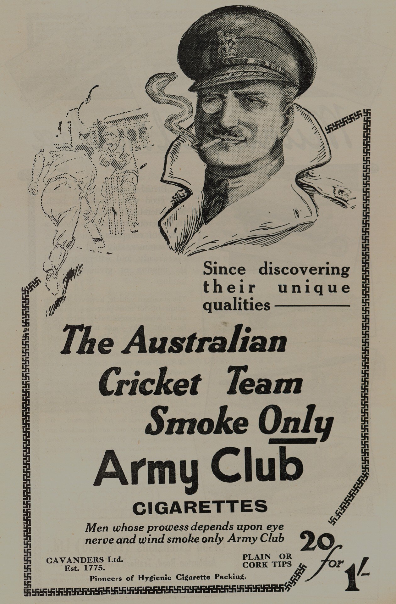 A vintage newspaper advertisement. The text reads 'the Australian cricket team only smoke army club cigarettes'