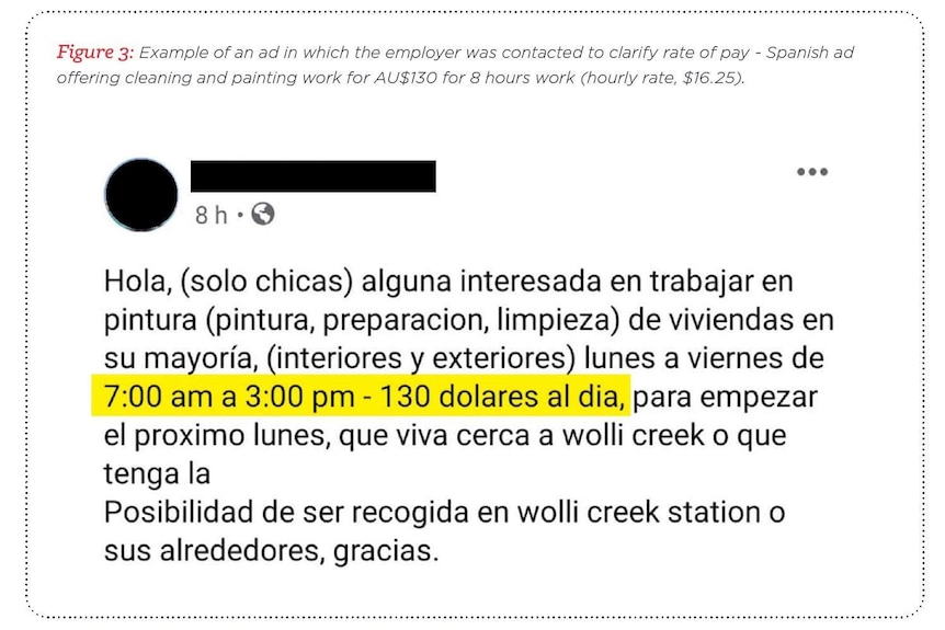 A job ad in Spanish language offers $130 dollars for 8 hours of work, the equivalent of $16.25 per hour.
