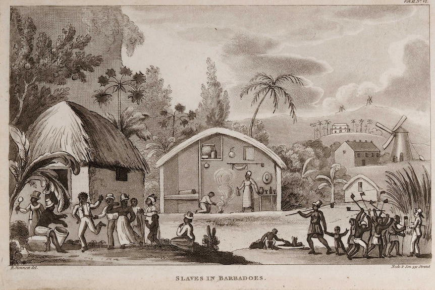 A black and white sketch of a tropical field filled with people 