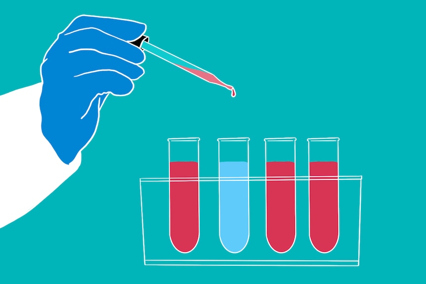 A blue, green and red and white graphic of a dropper and four test tubes filled with liquid.