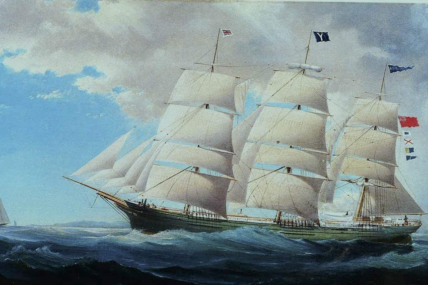 A colour image of of a painting of an 1870s tall ship