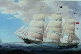 A colour image of of a painting of an 1870s tall ship