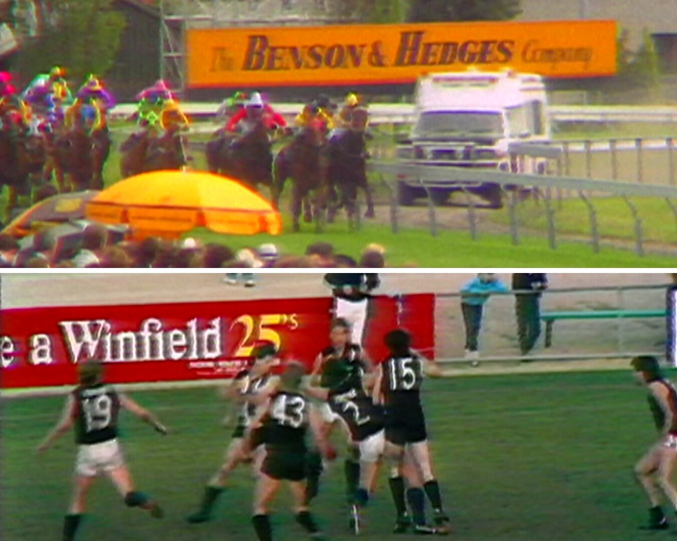 The archive photographs spect to the tobacco ads on the sign in the background of a horse-game and the AFL game.