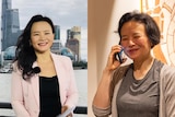 Left: A woman in Shanghai wears a black dress and pink jacket. Right: A woman talks on the phone 