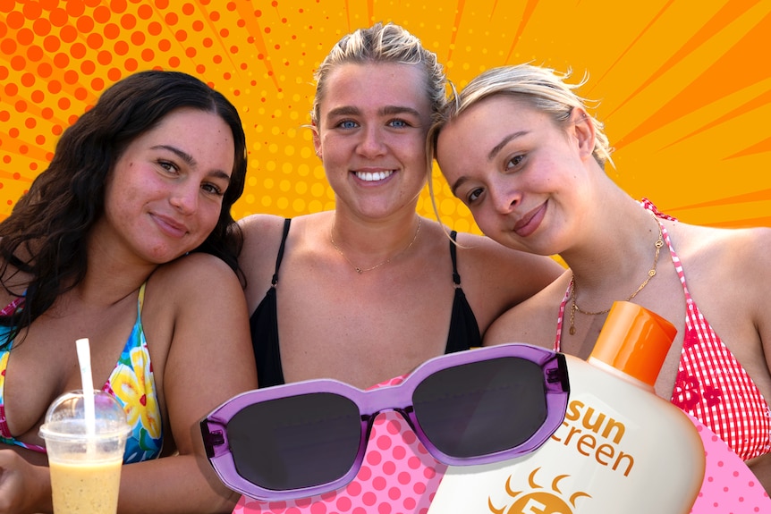 Three young women wearing bikinis smile. A graphic of sunscreen, sunglasses and a juice are in front of them.