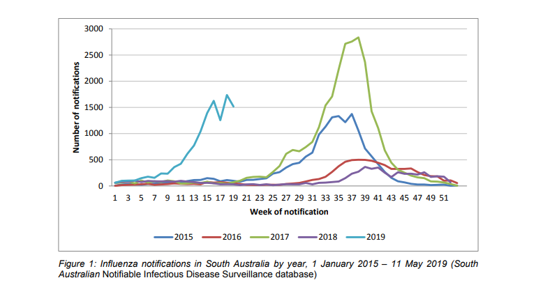 A line graph showing a spike in flu cases this year.