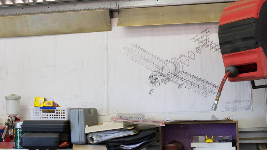 A diagram of the Van's RV-12 kit plane hangs on the wall in Wendy Featherston's shed.