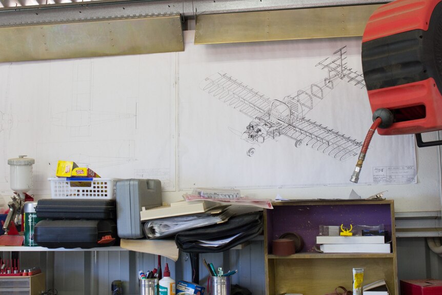 A diagram of the Van's RV-12 kit plane hangs on the wall in Wendy Featherston's shed.