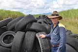 Gold Coast farmer stands in front of a large pile of illegally dumped tyres.