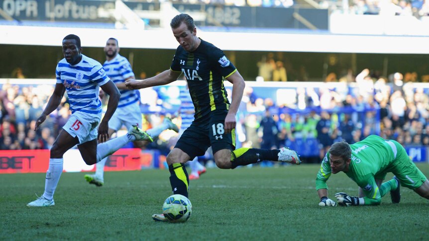 Harry Kane scores his second goal for Spurs against QPR at Loftus Road on March 7, 2015.