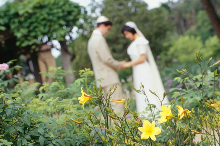 A Jewish couple hold hands in the background on their wedding day, while the camera focuses on a bright yellow flower.