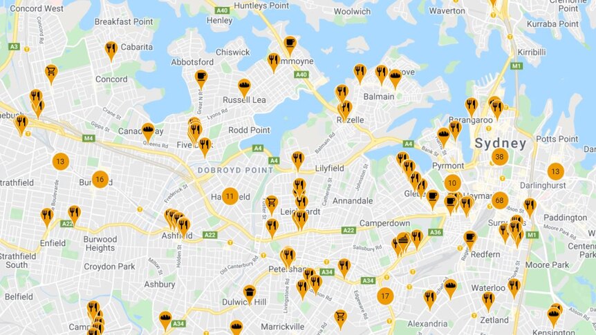 You view a screenshot of an interactive map of Sydney with pins showing eateries spread around the greater metropolitan region.