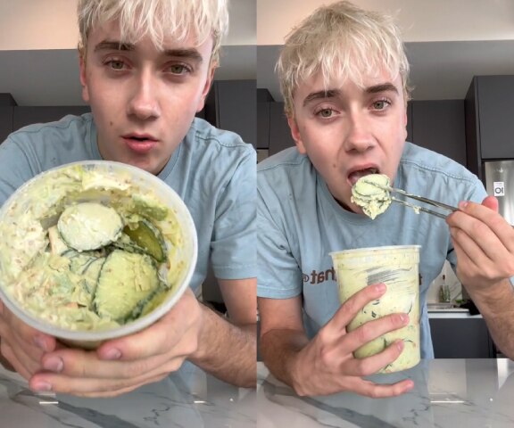 a composite of a young man with blonde hair with a bowl of cucumber