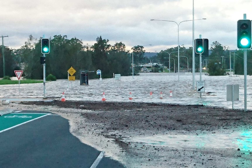 Flooding at Jimboomba, south of Brisbane, after torrential rain Thursday evening.