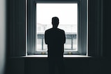 A man in silhouette looks out a window. 