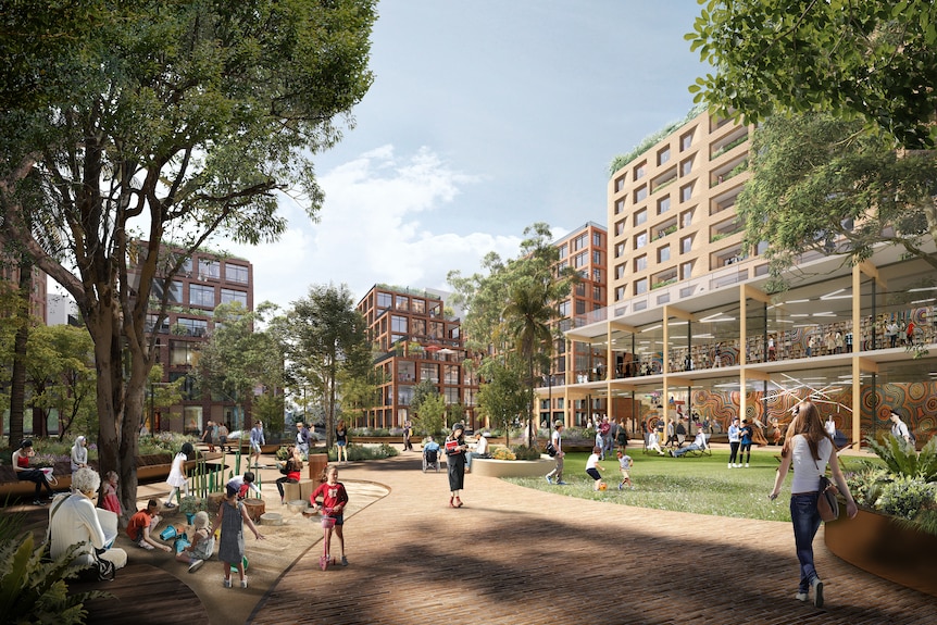 Photo illustration of tree-lined Waterloo South street ahead of a state government development, housing tower in the background