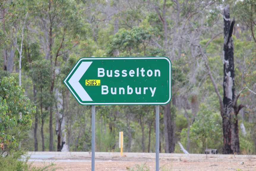 A road sign pointing to Busselton and Bunbury in WA's South West.