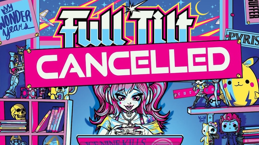 Colourful illustrated Full Tilt festival artwork with a banner reading: "CANCELLED"